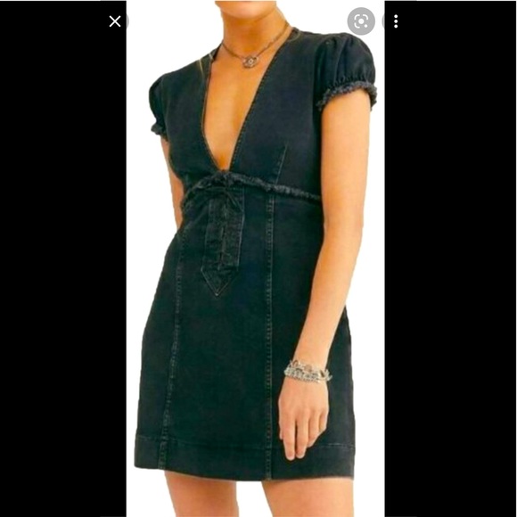 FREE PEOPLE Grey Denim Lace Up Mini Dress Sz L - Picture 1 of 7